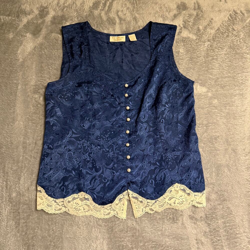 VTG Victoria's Secret Gold Label Women's Size M Blue Satin Vest Lace Trim Tank
